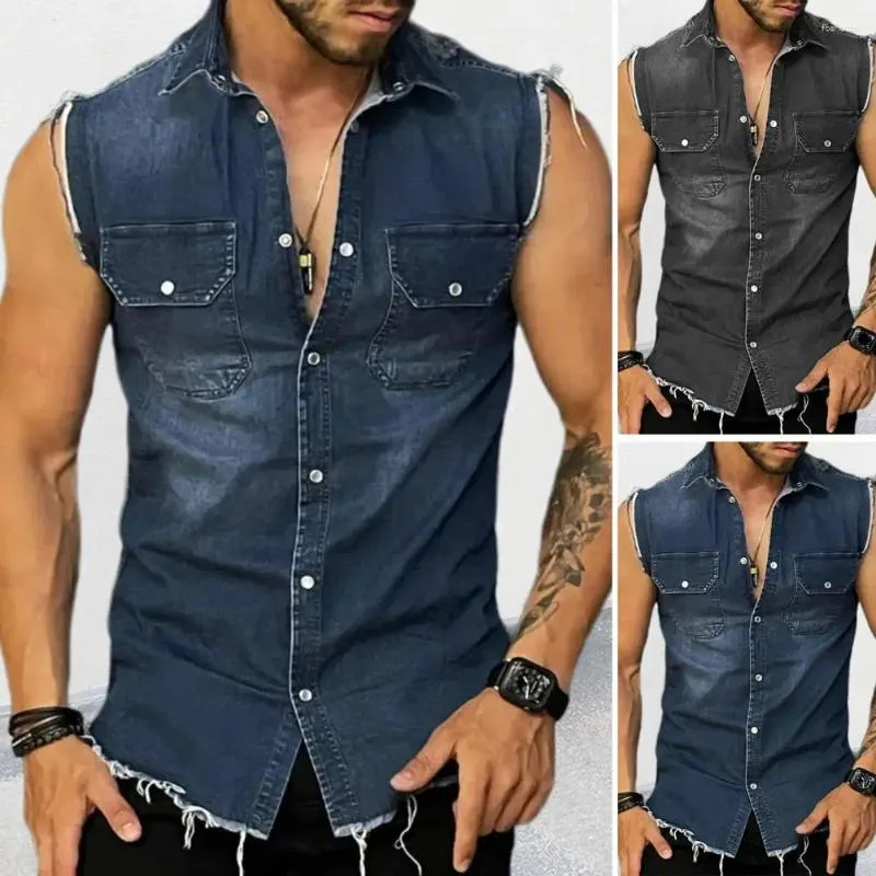 Men's Jackets Lapel Sleeveless Vest Jacket Single-breasted Flap Pockets Shirt Coat Tassel Men Summer Solid Color Denim Streetwear