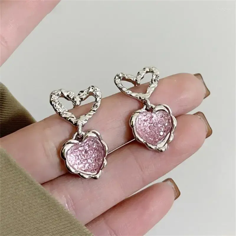 Stud Earrings Pink Heart-shaped S925 Silver Needle For Women Exquisite Metal Personality Daily Accessories