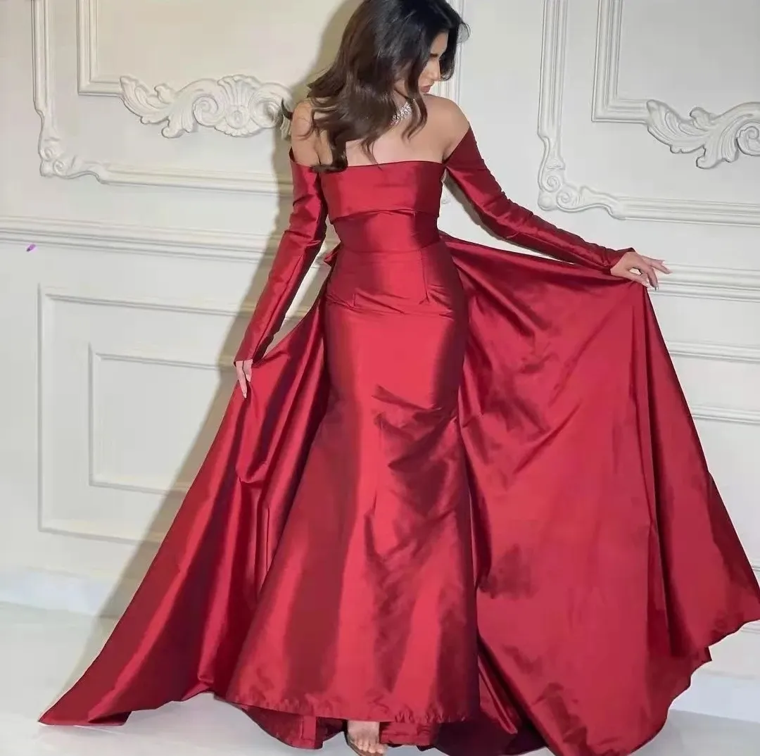 Kvinnor Dark Red Mermaid Evening Formal Dress 2024 Strapless Satin Long Sleeve Prom Party Gowns Robe de Soiree Vestidos de Longo