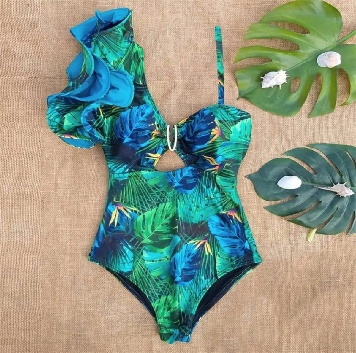 Sexy um ombro plissado maiô impressão floral banho feminino maiô beachwear monokini 2202261682092