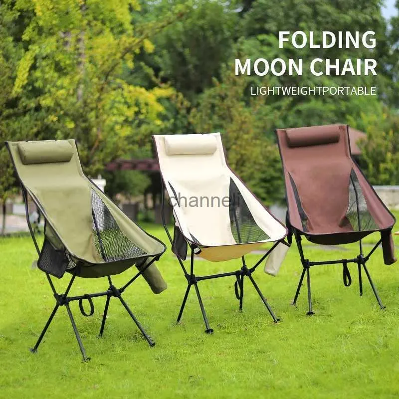 Camp Furniture Outdoor Portable Moon Chair Folding Camping Chair with Backrest and Pillow Aluminum Alloy Recliner with Thermos Case YQ240315