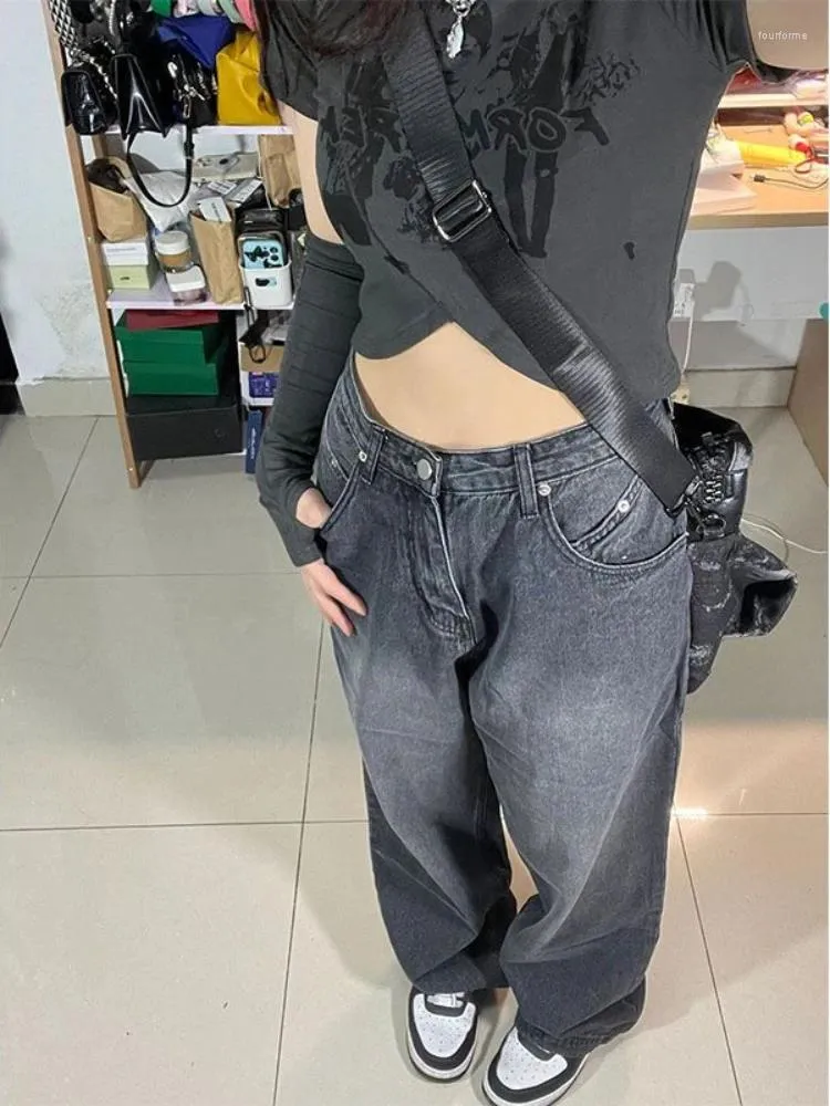 Damesjeans QWEEK Vintage zwarte baggy dames Koreaanse streetwear oversize harajuku hoge taille broek grunge Y2K denim wijde pijpen broek