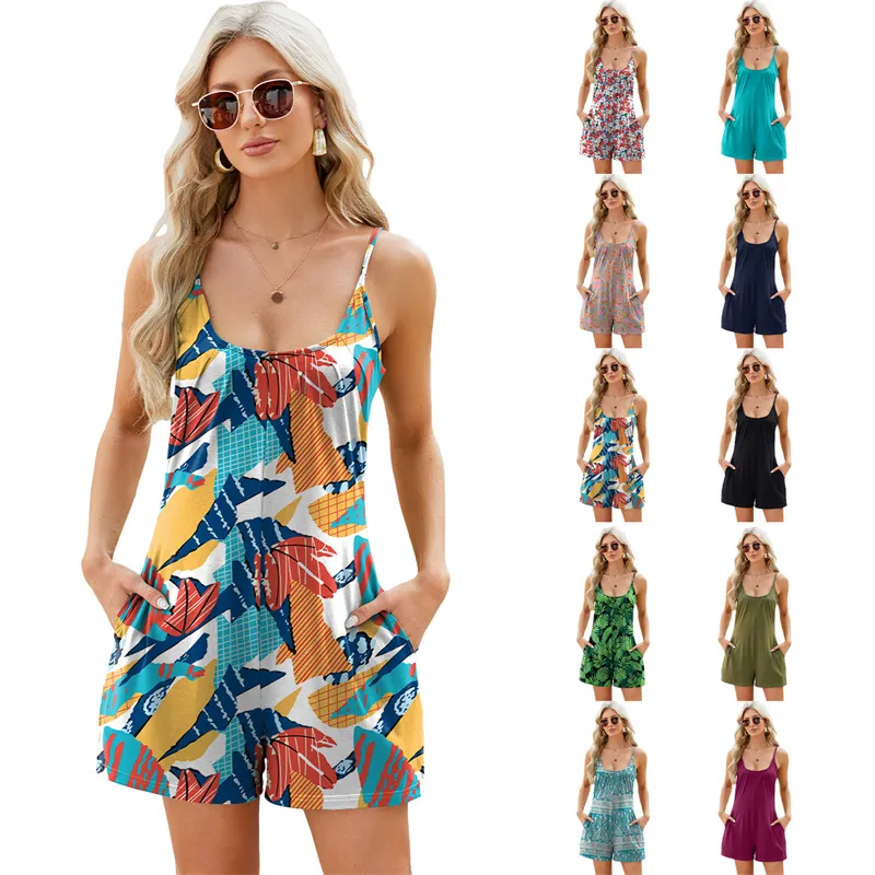 Women Solid Colors Sling Jumpsuits Hot Summer Sexy Bodysuit Fashion Printed Pockets Shorts Loose Pants Womens Rompers