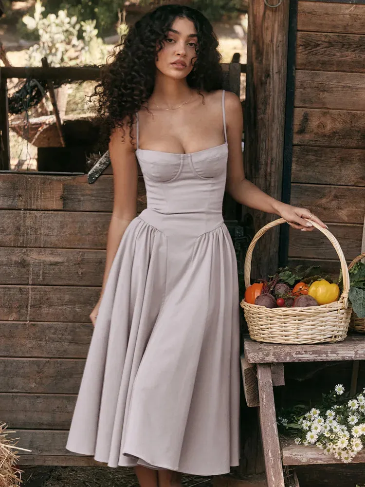 Elegant Spaghetti Strap Midi Dress French Retro Aline Dress, Sleeveless  Backless Summer Dress, Loose Fit Long Dress for Women