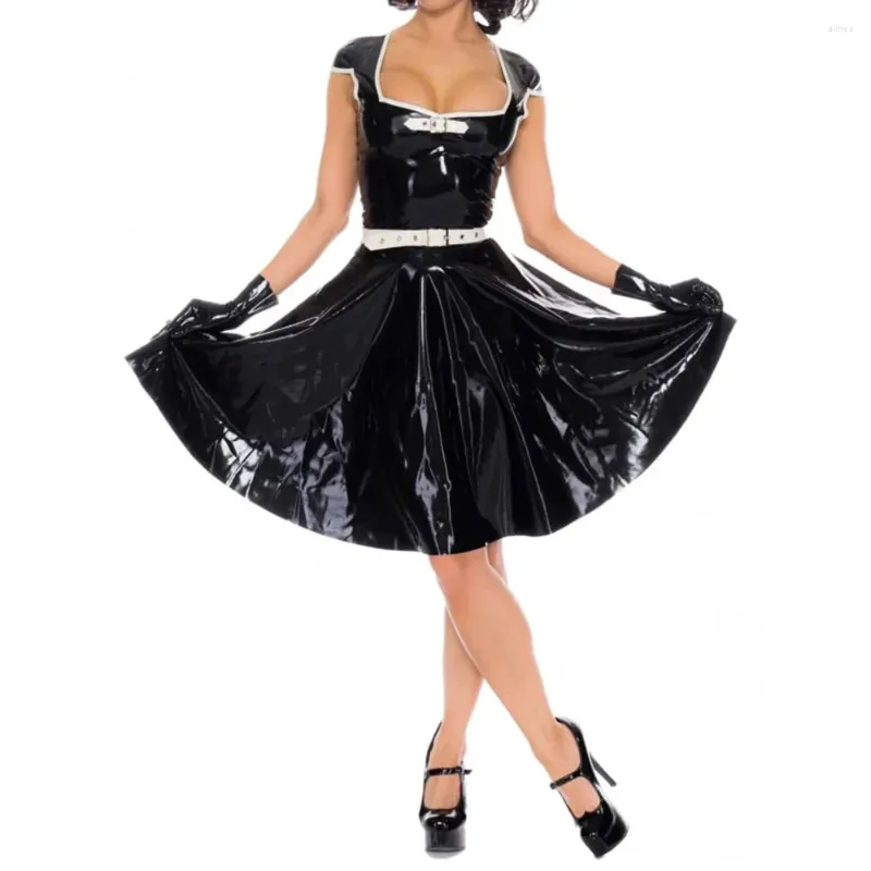 Casual Dresses Women Short Sleeve Mini Sexig Wetlook PVC Leather Faux Latex Square Neck Pleated Dress Party Clubwear High Streetwear 7xl