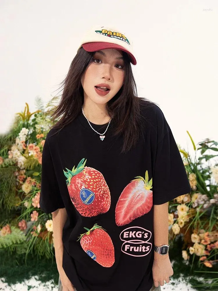 Kvinnors T -skjortor Tawaaiw Summer 2024 Strawberry Print Shirt Women kläder Kort ärm damer toppar koreanska mode lösa bomullste femme femme