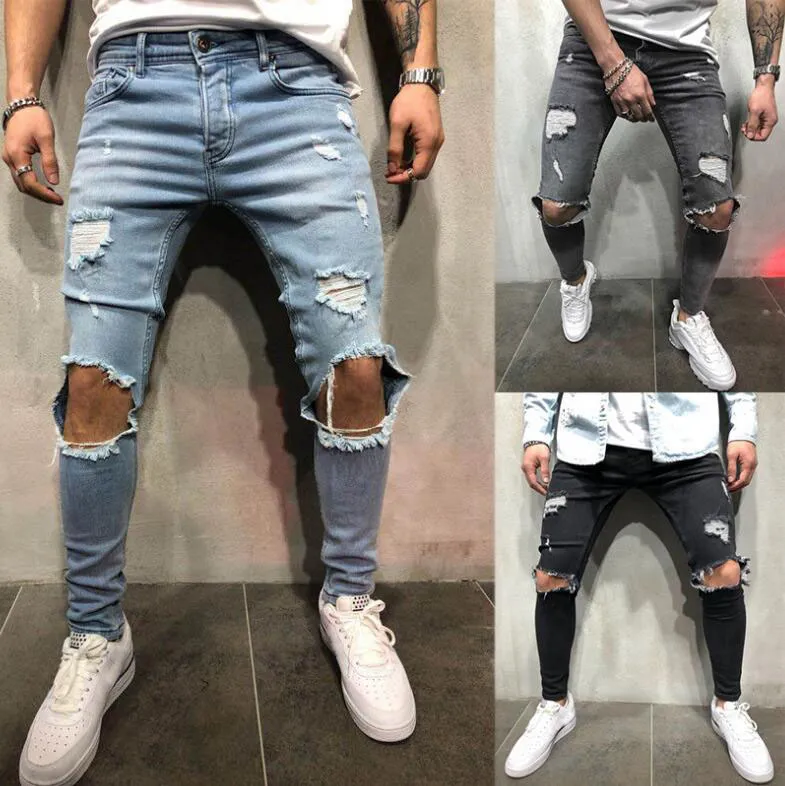 New Men's Jeans Men Knee Hole Ripped Stretch Skinny Denim Pants Solid Color Black Blue Autumn Summer Hip-Hop Style Slim Fit Trousers