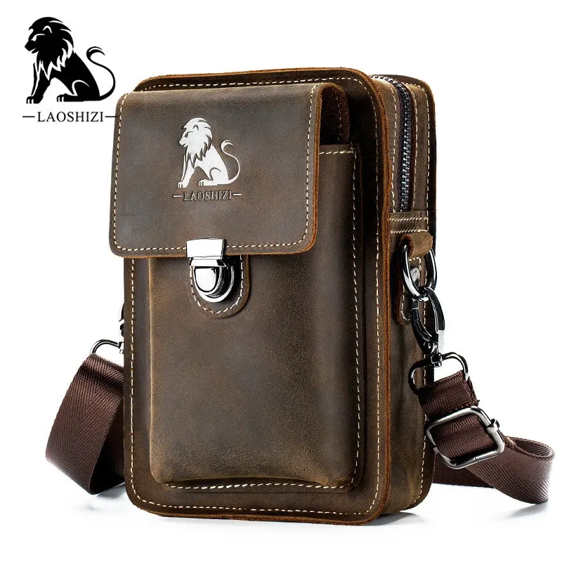 Laoshizi couro dos homens sacos de ombro casual mini pacote cintura bolsas para masculino crossbody mensageiro aleta cinto embreagem jyn029 240311