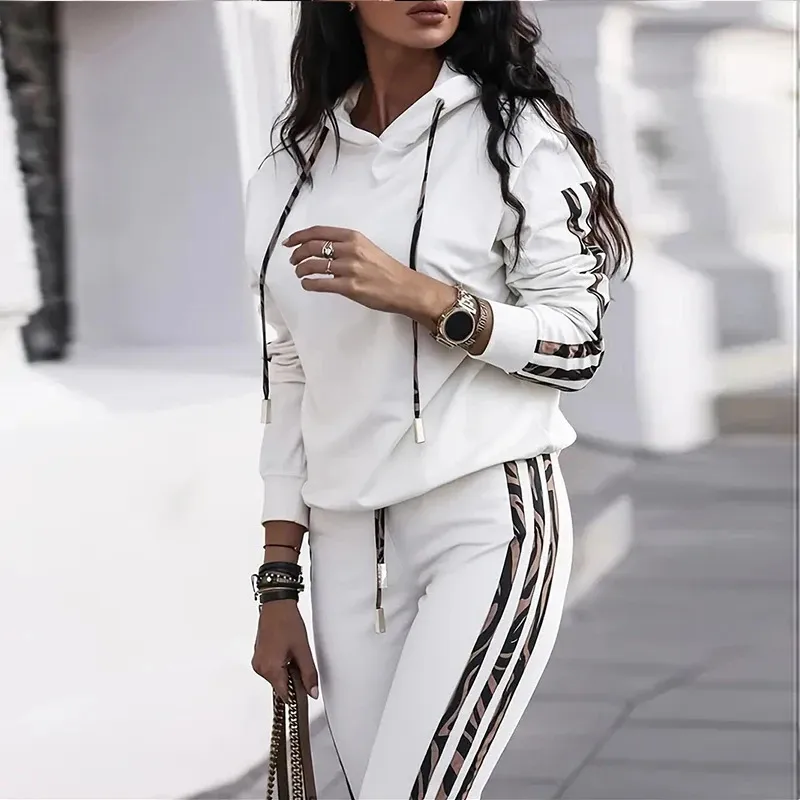 Womens Fall/Winter Tracksuit Set Striped Hoodie Sweatpants