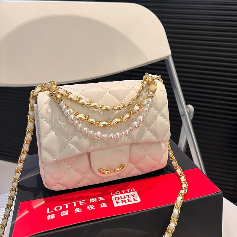 Womens Pearls Chain Handle Totes Classic Mini Flap Square Cross Body Shoulder Bags GHW Designer Handbag Daily Purse Turn Lock Lipstick Holder Makeup For Girl 17CM