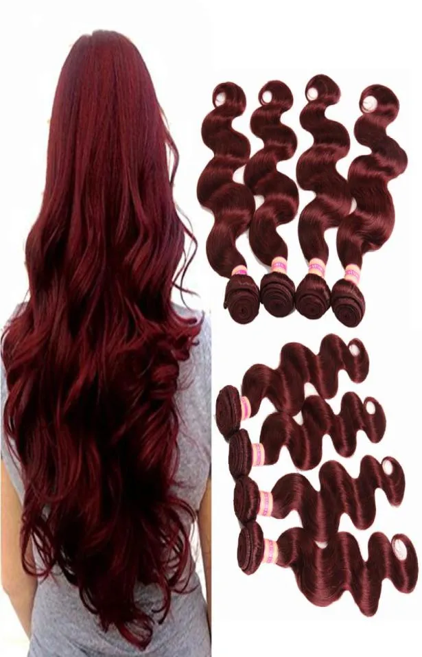 Burgundowe splotowe pakiety 99J malezyjskie indyjskie peruwiańskie dziewicze włosy falu ciało czerwone kolor włosy ludzkie włosy Brazylijskie fala ciała E9969714