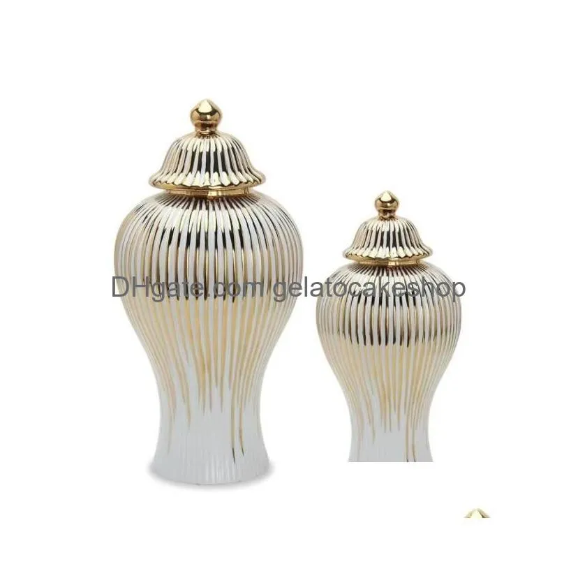 Vasos Cerâmica Gengibre Jar Golden Stripes Decorativo Geral Vaso Tanque de Armazenamento de Porcelana com Tampa Artesanato Decoração de Casa Drop Deli Dhawd