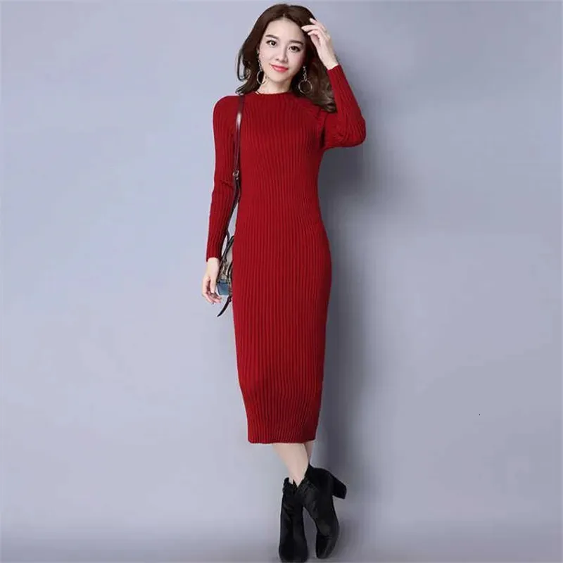 Осеннее женское облегающее платье-футляр, сексуальное красное женское вязаное платье-свитер, хлопковое повседневное платье-свитер с длинным рукавом, женское миди 240315
