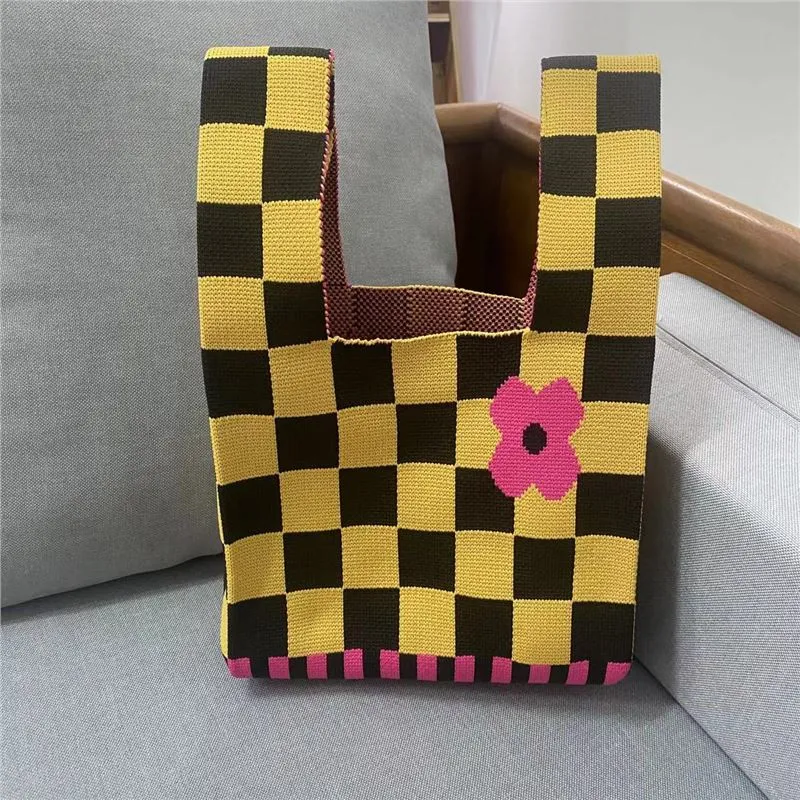 Knitted Checkerboard Bag Distinctive Shoulder Handbag Vessel Bag for Women