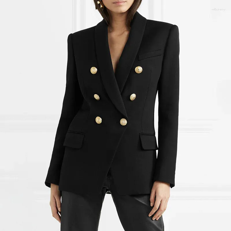 Женские костюмы, высокое качество, 2024, модный однотонный, с шалевым воротником, двойной ряд, с металлическими пуговицами, с длинным рукавом, темпераментный женский пиджак, куртка