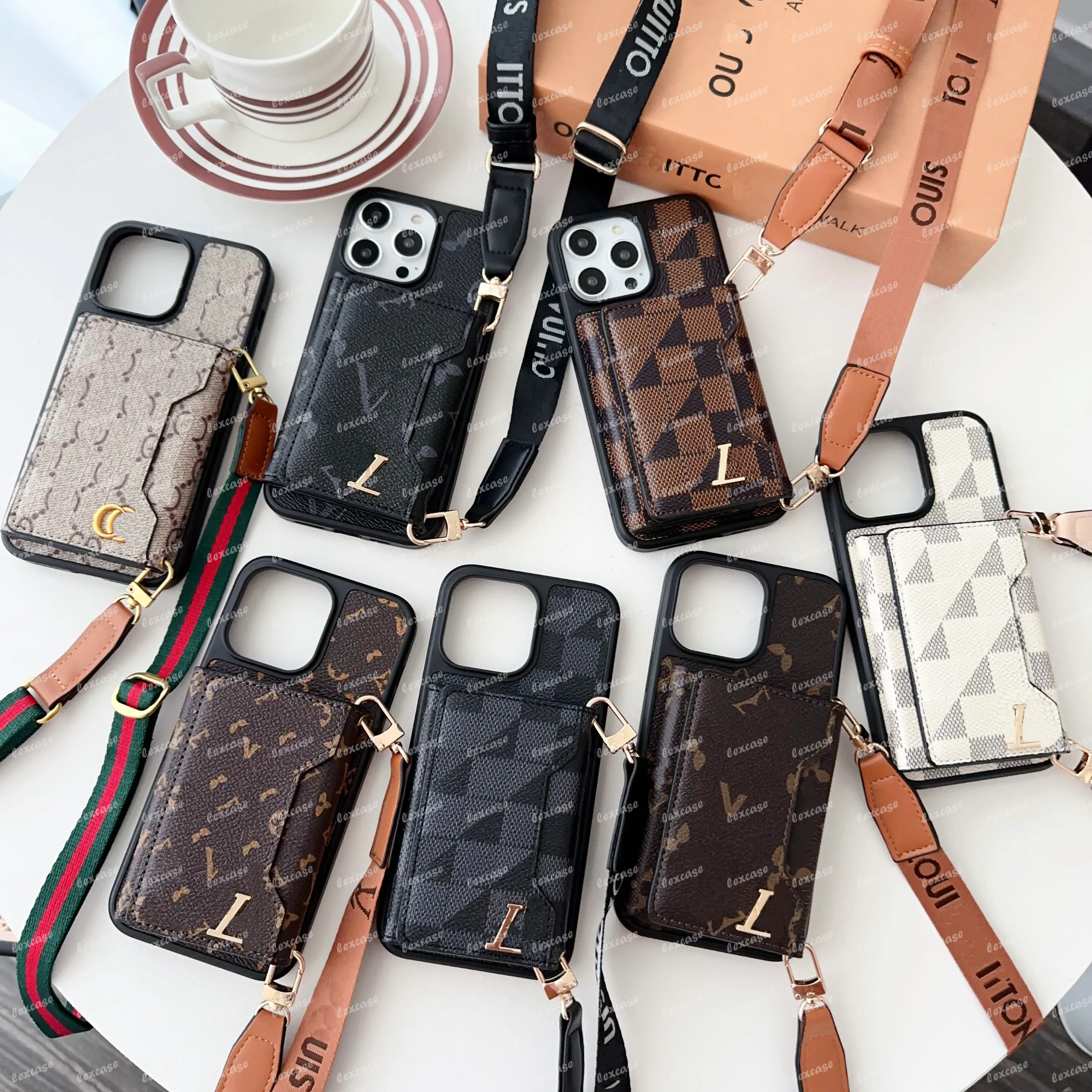 Luxury Designer Leather Wallet Card Holder Case for iPhone 15 Pro Max 14 13 12 Pro Plus Classic Brand Cell Phone Cover Crossbody Lanyard Women girl