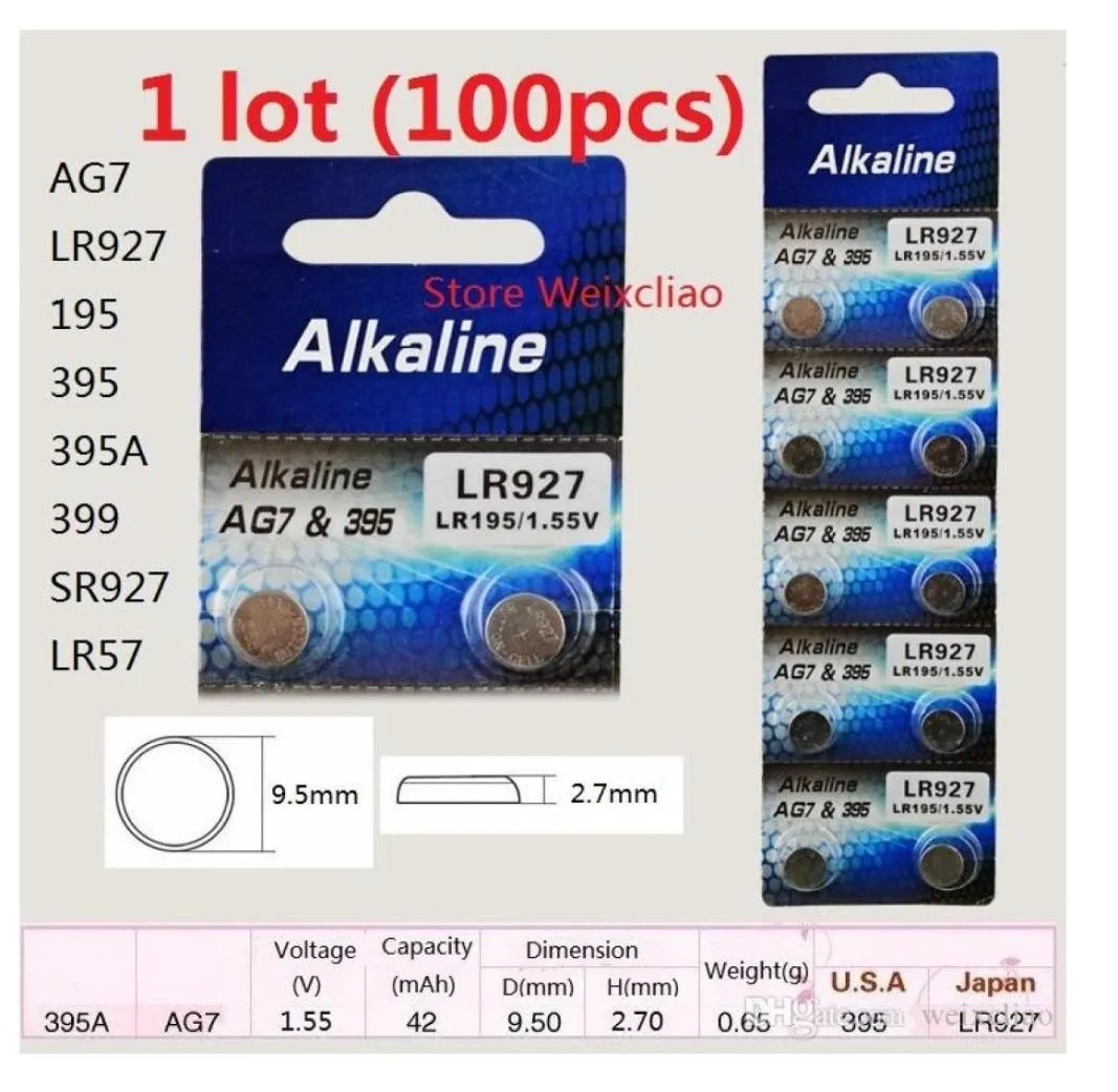 100 Stück 1 Los Batterien AG7 LR927 195 395 395A 399 SR927 LR57 155 V Alkaline-Knopfzelle Münze 2901596