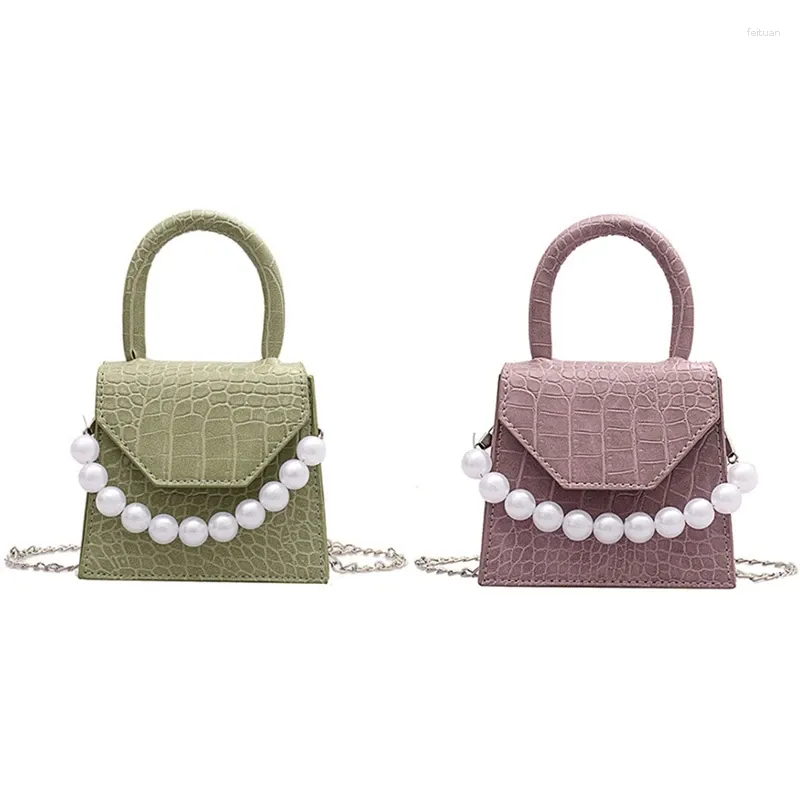 DrawString Dome 2 PCS Pearl Handle Super Mini Design Läder axelväskor för kvinnor Stenmönster Crossbody Bag Green Purple