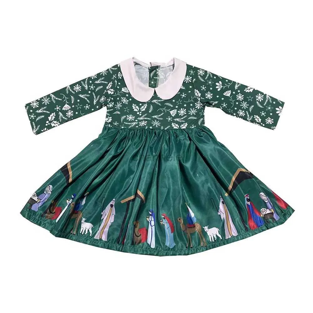 Sukienki dziewczyny ładna sukienka dziewczyna z długimi rękawami Duży spódnica zielony kołnierzyk dla lalek z długimi rękawami na kolanie 240315
