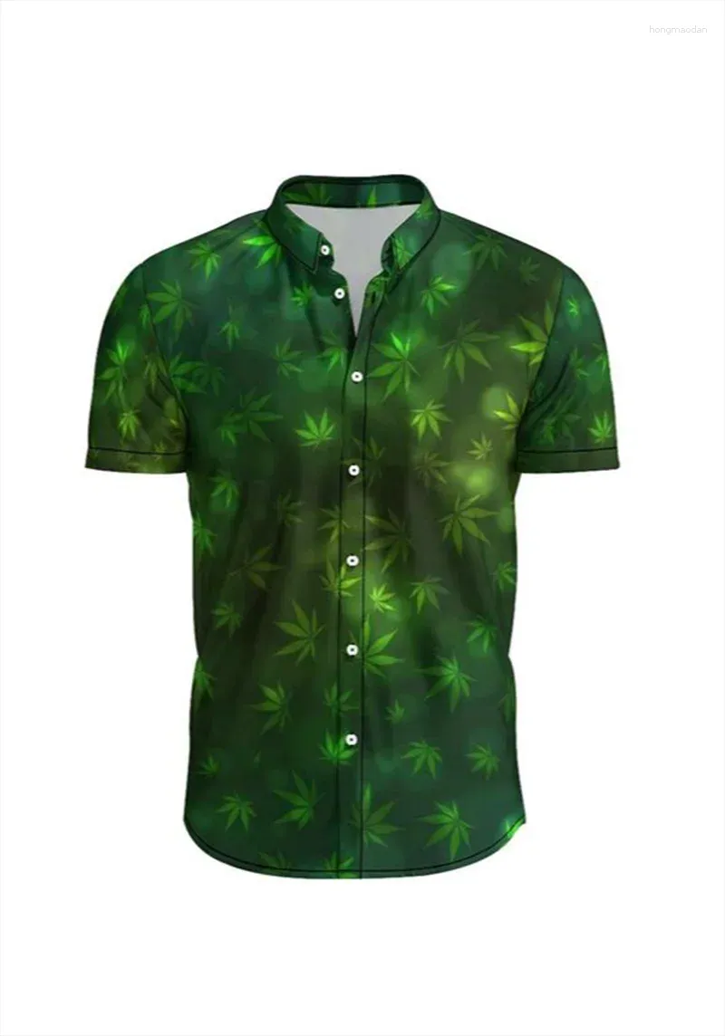 Mäns casual skjortor Green Leaf 3D skjorta Hawaiian Summer Cool Short Sleeved Top 2024 Loose Plus Size Flip Collar Button Wear