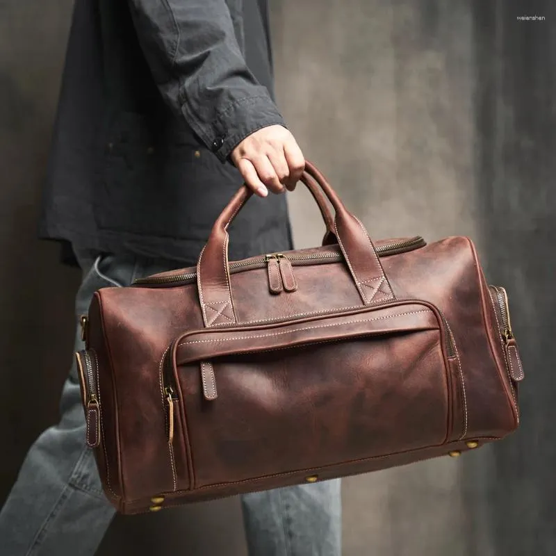 Duffel Bags NUPUGOO-Genuine Leather Travel Bag For Men Vintage Hand Luggage Boston Duffle Large Capacity Shoulder 16 "Lapto