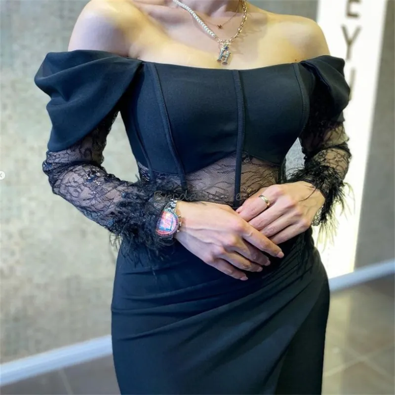 sachin and babi light blue dress Black Satin Mermaid Black Maxi Prom Dress with Off-Shoulder Slit and Long Sleeves