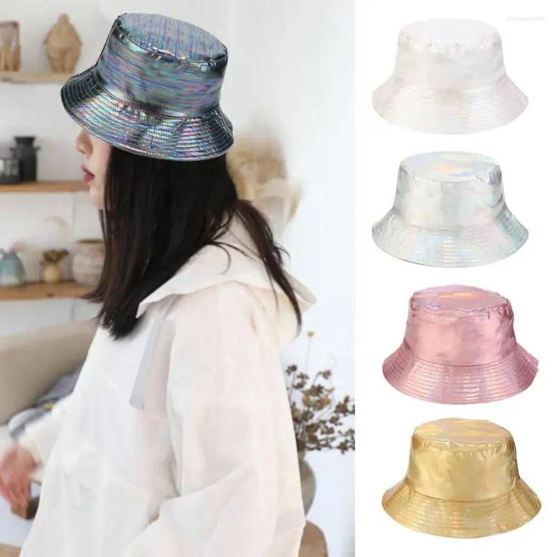 Bérets unisexe chapeau de seau imperméable holographique réglable protection solaire faux cuir plat pêcheur pour la sortie quotidienne