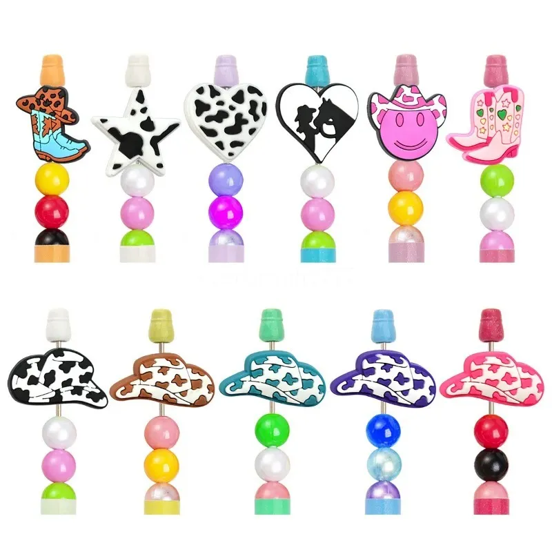 Breloques de vache d'enfance pour fille uniquement, breloques en PVC, stylos à perles en plastique décoratifs pour bricolage, perles rondes vierges, motifs perlés, ajoutez une entretoise blanche scintillante avec recharge d'encre, stylo à bille