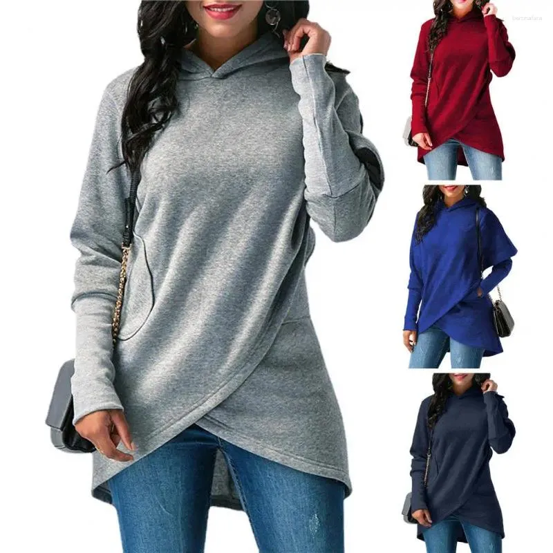 Felpe con cappuccio da donna Felpa con cappuccio con orlo incrociato irregolare di media lunghezza Donna Autunno Inverno Top Felpa con cappuccio ampia vestibilità Capispalla Streetwear