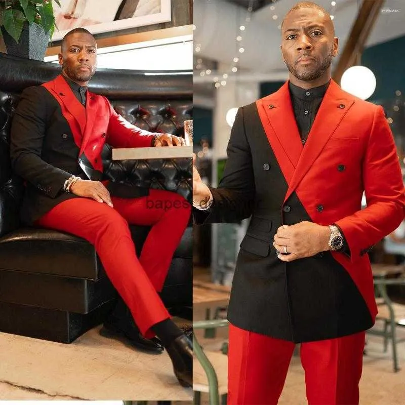 Mens Suits Red Suit 2 Pieces Blazer Pants Double Breasted Peaked Lapel Spliced ​​Business Slim Form Formal Wedding Groom Costume Homme