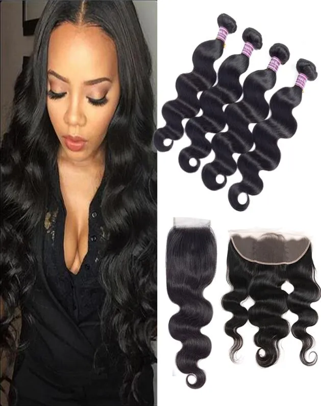 8A Brazilian Virgin Body Wave Hair Weaves 3 Bundles With Closure Unprocessed Virgin Human Hair Bundle With Lace Frontal Hair Exten4921044