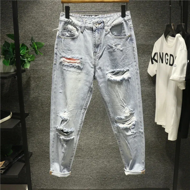 Mens Loose Big Hole Nine Point Straight Denim Pants Baggy jeans för män Y2K Streetwear 240309