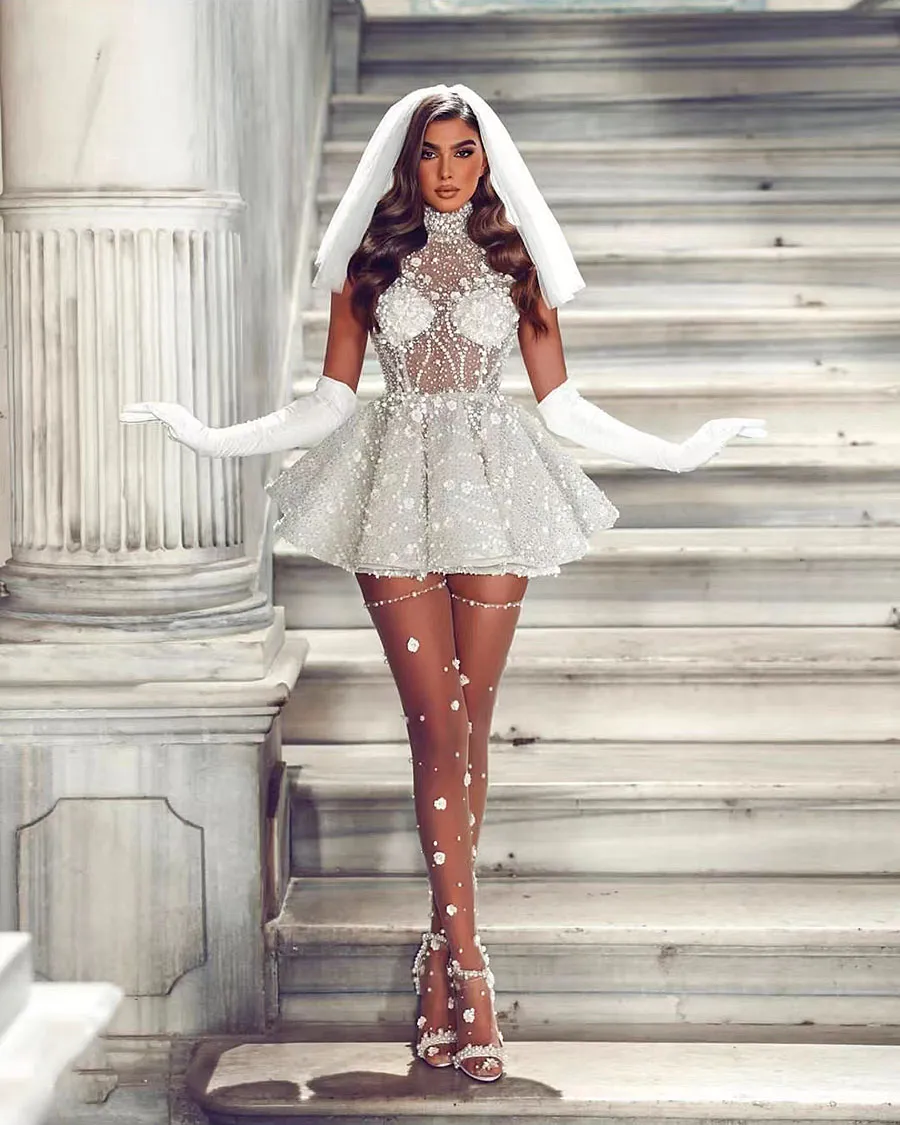 Wedding Glitter Lace Dresses A Line Knee Length High Neck Appliques Bridal Gowns Saudi Arabic Bride Dress No Gloves
