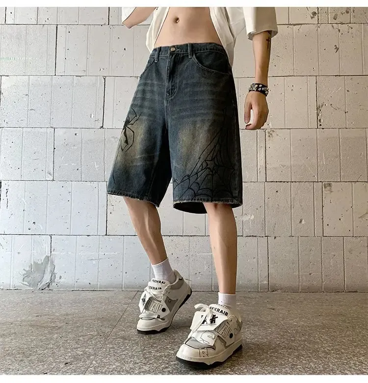 Y2K Spider Web Denim Shorts - Harajuku Punk Grunge Jeans