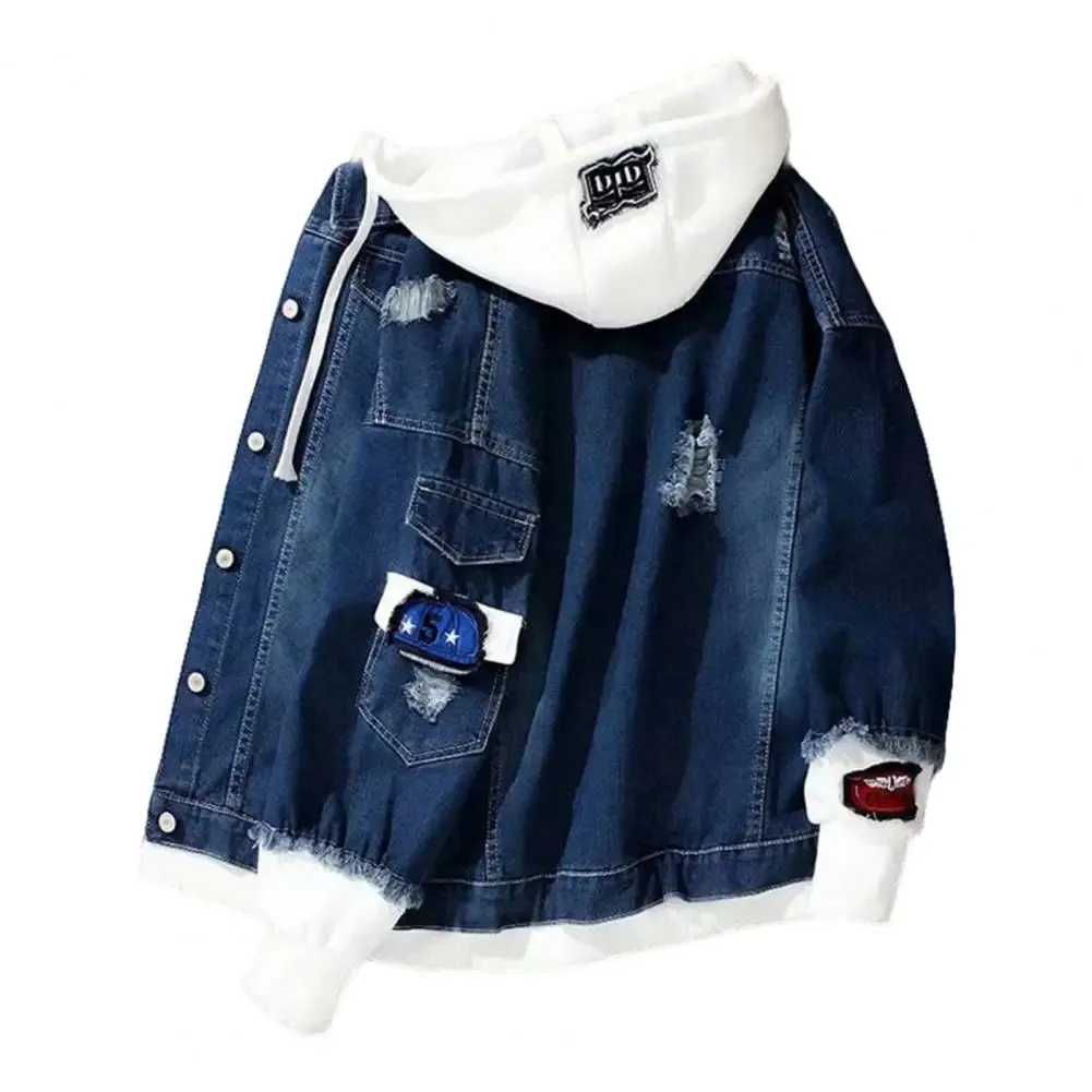 Jeansjacke, gefälschter zweiteiliger Kapuzen-Kontrastfarbe, Streetwear, Frühling und Herbst, lockerer einreihiger Oberbekleidungsmantel für den Außenbereich 240305
