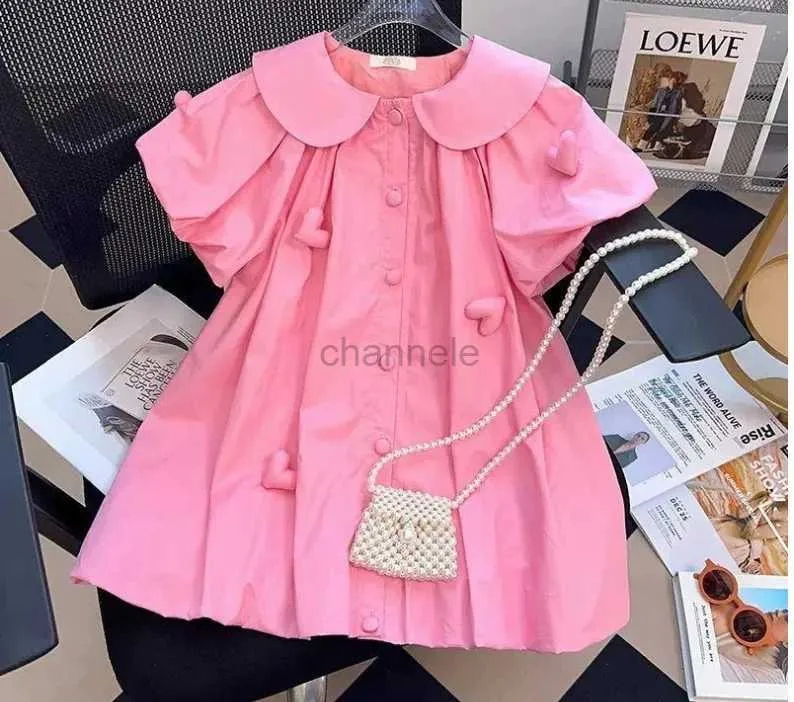 Girl's Dresses Detailed 2023 summer girl teenage love pattern pink dress girl princess sweet clothes 3-9 T 240315