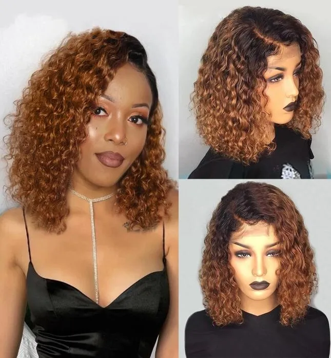 Kinky Curly Short Bob Full Wigs Ombre Brown Peruvian Human Hair Synthetic Lace Front Wig For Black Women 150 Density6172242