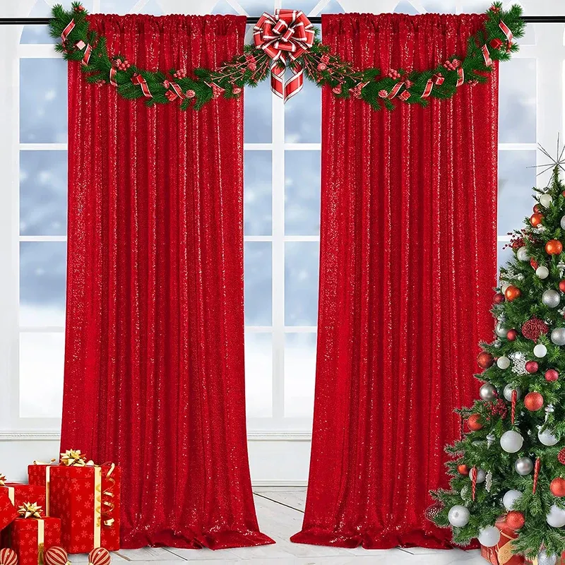 Curtains Red Sequin Backdrop Curtains Christmas Halloween Birthday Party Wedding Decorations Baby Shower Stage Events Background Supplies