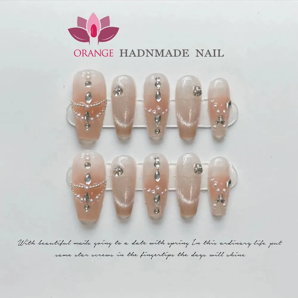 Handmade Pressed on Beauty Nails Design Decoration Fake Nail Glittler Full Cover Artificial Manicuree Wearable Orange Store 240313