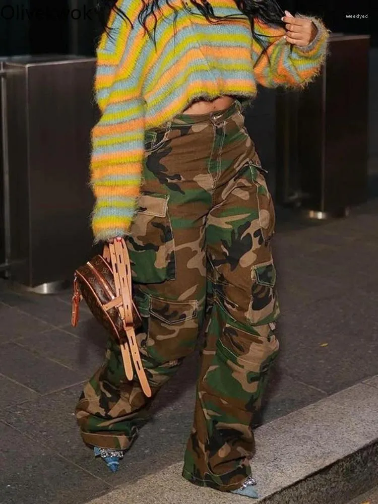 Spodnie damskie Olivewok Women Streetwear Camouflage Pocket Front Front Prosta 2024 Safari Safari Ins moda szerokie spodnie nogi