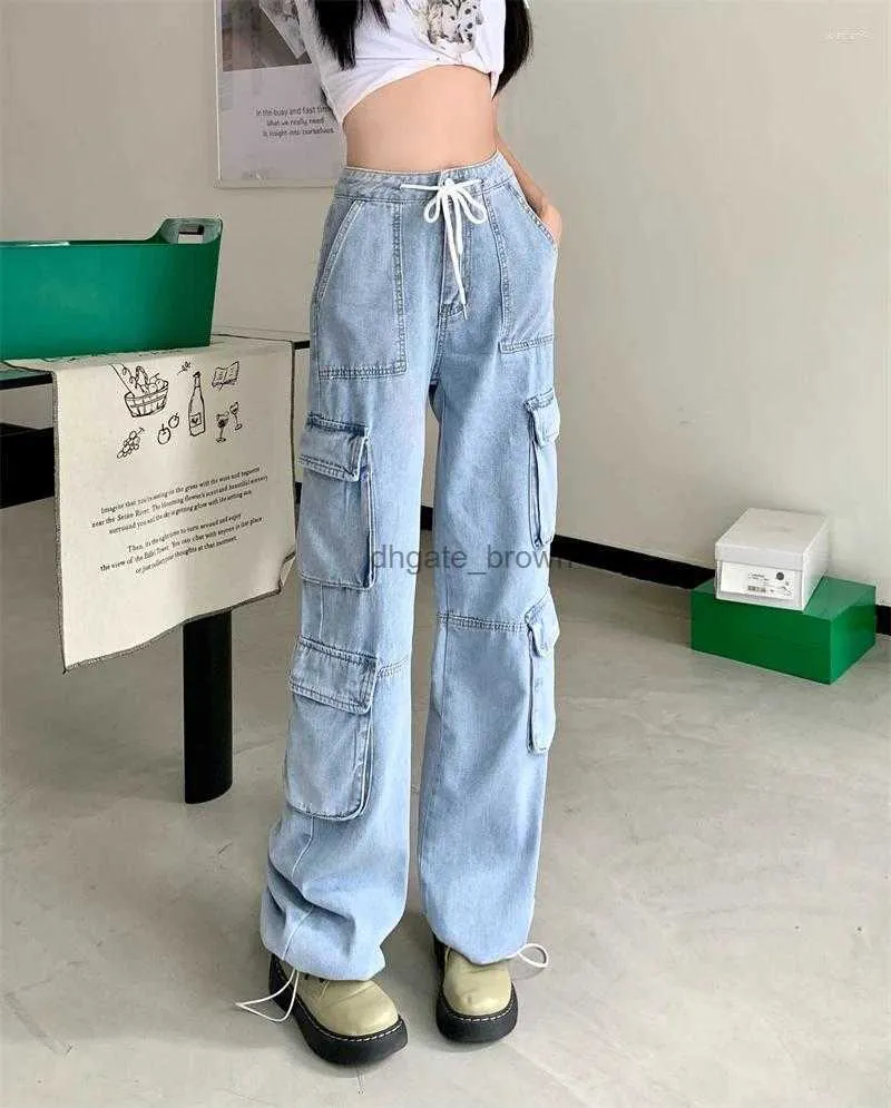 Damen Jeans Damen Solid Loose 2023 Fashion Girl Elastic High-Waisted Many Pockets Long Denim Cargo Pants Lace-up Straight Bottoms Y2k