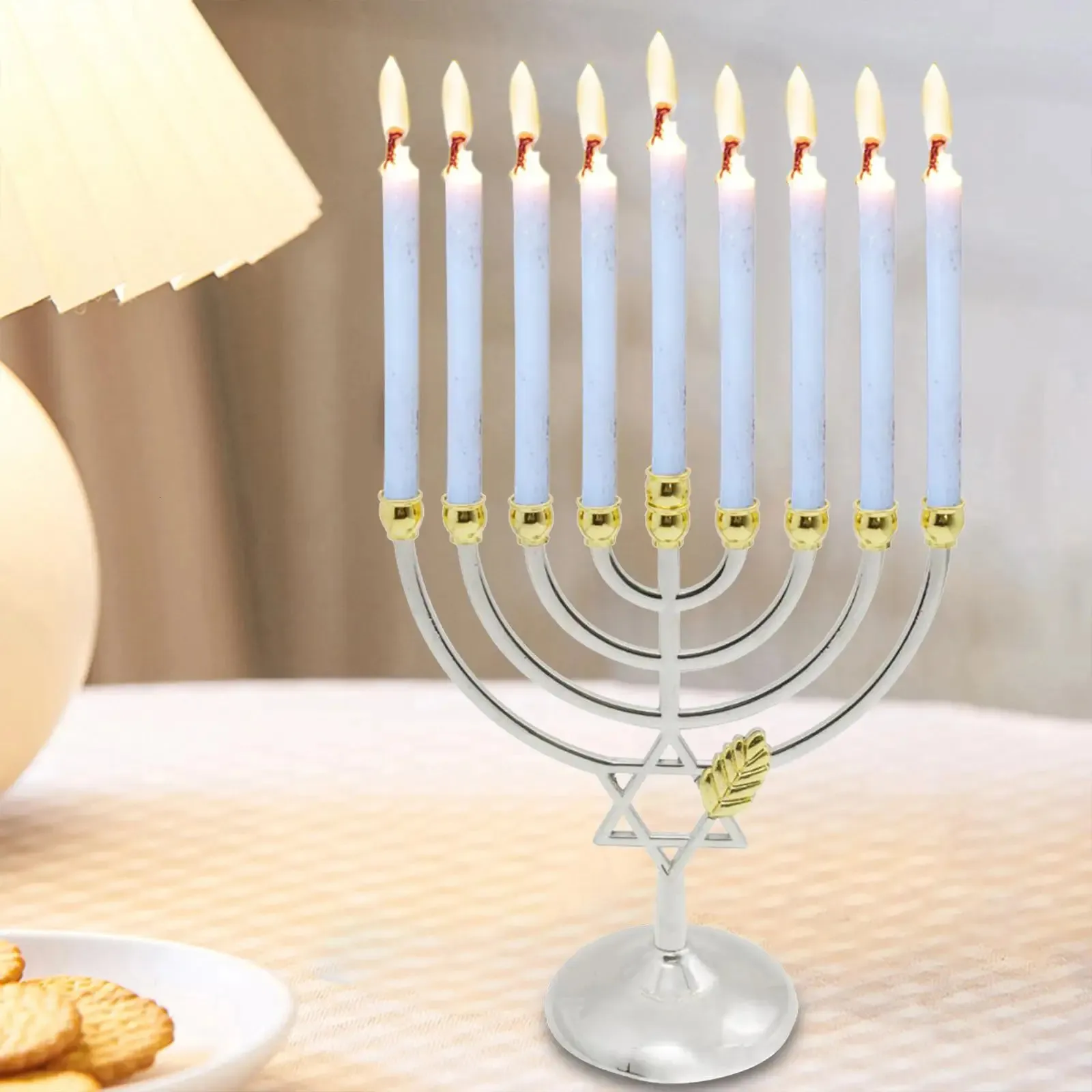 Metal Hanukkah Castiçal Geométrico Hanukkah Decorativo 9 Ramo Menorah Castiçal para Velas Hanukkah Padrão el Home 240314