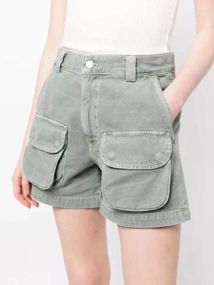 Shorts Femmes Été 2024 Femmes Armée Vert Jeans Taille Haute Rétro Fermeture À Glissière Mode Dames Avec Poches