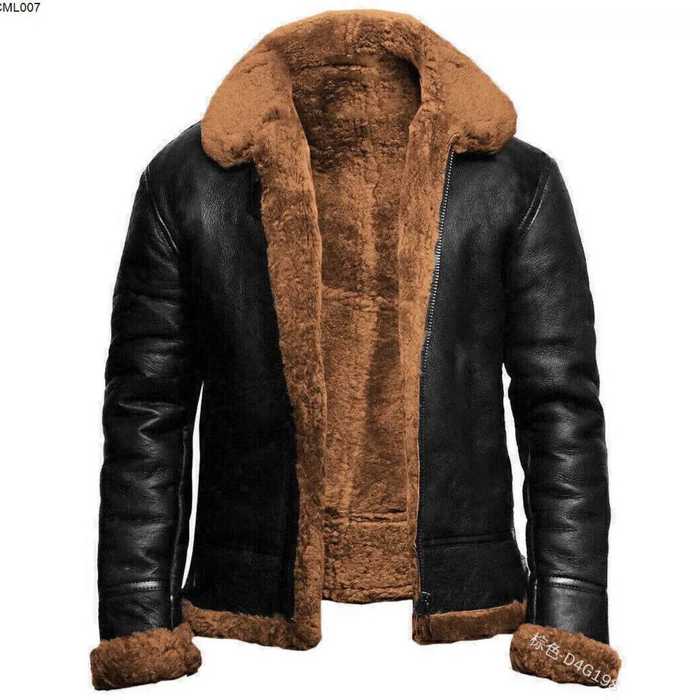 Faux läder vinterjacka fluffig integrerad päls krage medelhög längd män kappa tung industriell ny produkt blixtlås kant