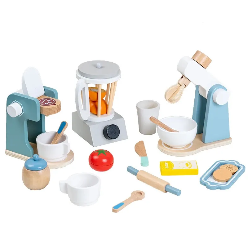 Wooden Kitchen Pretend Play Toy Simulation Coffee Machine Toaster Food Mixer Baby Early Learning Educational 240301