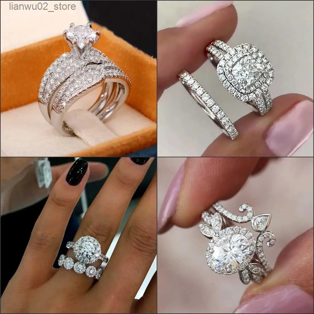 Bröllopsringar brud set ring 925 silver mousserande diamant lyx mode bröllop engagemang 2 st ring kvinnor eviga kärlek smycken q240315