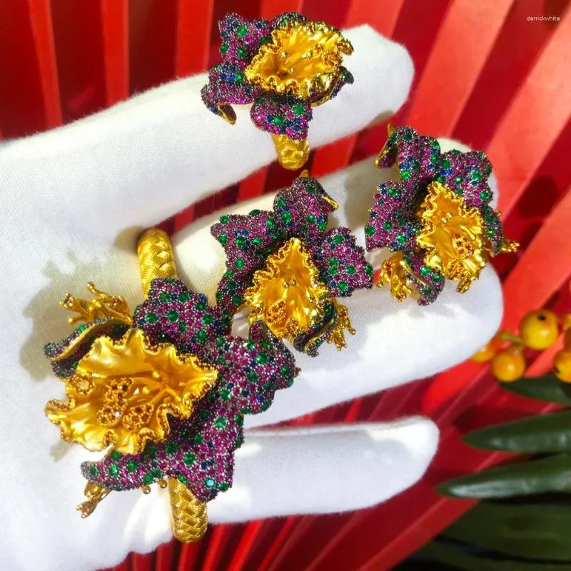 Bangle GODKI Luxury Rose Flower 3PCS Bracelet Ring Earring Set For Women Wedding Bridal Zircon African//Dubai Jewelry