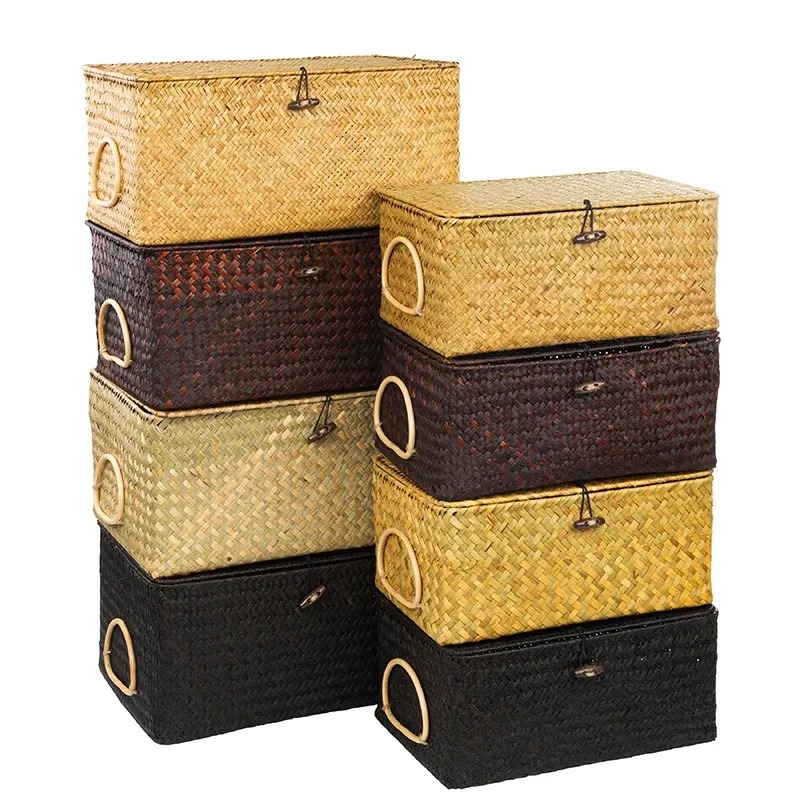 Baskets Rectangle Wicker Storage Box with Handle Large Seagrass Baskets laundry Cosmetic Gadgets Toys Organizer for Home Bathroom Decor