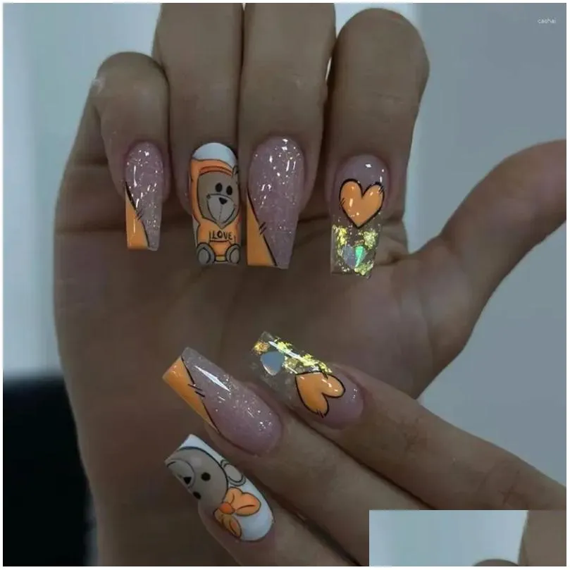 Falsche Nägel Orange Bär Mode Französisch Lila Haze Gefälschte Abnehmbare Lange Ballerina Nagelspitzen Frauen Mädchen Drop Lieferung Gesundheit Schönheit DHE0F