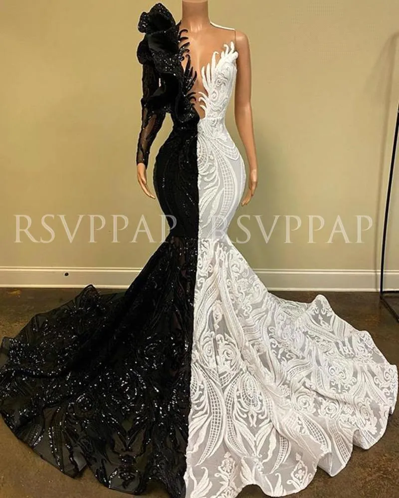 Black/White Mermaid Long Prom Dress New Arrival Sparkly Sequin One Long Sleeve African Girl Prom Dresses BC11113